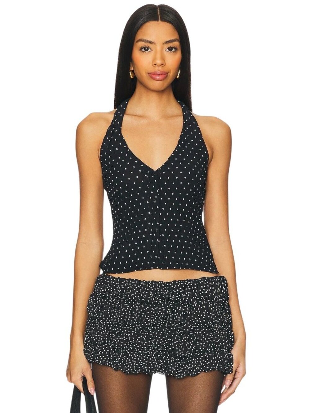 LIONESS Brat Halter Top in Onyx Polka XSmall New Womens Sleeveless Tank